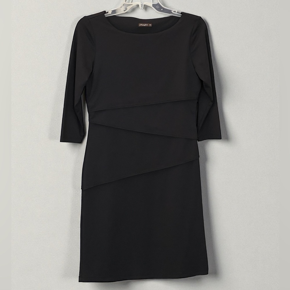 J. McLaughlin Nicola Black Catalina Cloth Layered Sheath Dress Sz XS 3/4 Sleeves